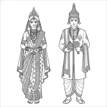 Detailed bengali couple traditional dress vector outline illustration showcasing a beautiful bride and handsome groom wearing ethnic wedding crowns and jewelry.