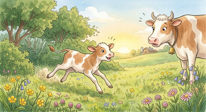 Watercolor Children?s Book Illustration of a Joyful Calf Running to a Cow in a Spring Meadow at Sunrise