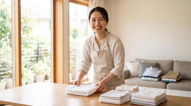 Smiling Japanese housekeeper folding clean towels on wooden table