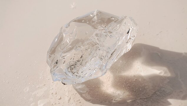 Generative AI captures a clear close-up of a transparent ice cube casting a shadow