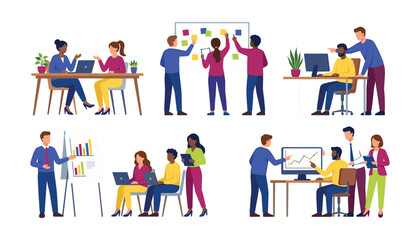 Fototapeta premium Corporate business people working together in office scenes vector illustration set team collaboration brainstorming and presentation concept