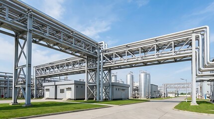 Naklejka premium Industrial complex with an intricate network of pipelines and storage tanks against a clear sky, representing vital infrastructure for energy and chemical production
