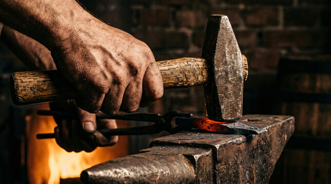 Skilled craftsperson shaping metal component by hand in traditional workshop, detailed artisan technique, heritage manufacturing, manual labor and authentic craftsmanship concept