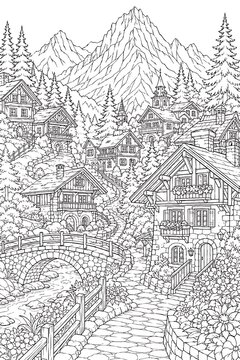 alpine village, mountain village, coloring scene, coloring page, mountain landscape, alpine landscape, village scenery, countryside, mountain scenery, nature illustration, scenic landscape, rustic vil