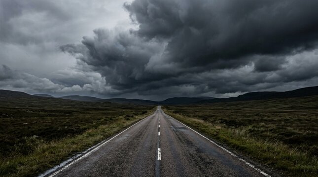 Dramatic stormy sky over empty asphalt road, leading through desolate landscape.