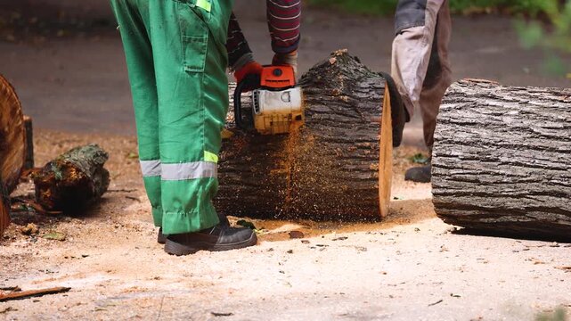 Lumberjack woodcutter team with chainsaw cutting a massive tree in the forest, logger brigade sawing and chopping firewood timber trunk on sawmill, thinning crew at work, fallen tree after the storm