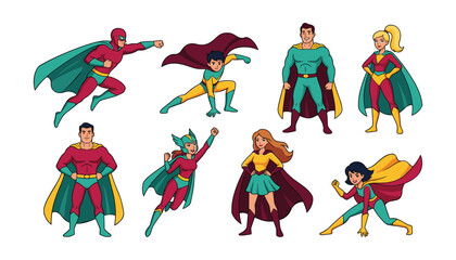 Fototapeta premium Superhero characters collection vector illustration set with brave men and women in capes flying and posing isolated on white background