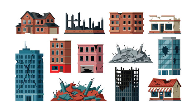Ruined city buildings and destroyed houses collection vector illustration set with war earthquake disaster and rubble elements