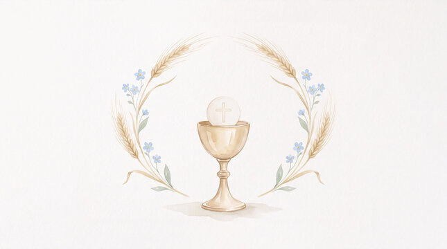 Golden Communion Chalice Framed by Wheat and Blue Flowers Watercolor Illustration
