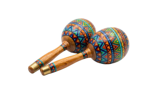 Two colorful wooden maracas with geometric patterns and brass accents PNG Isolated on transparent background