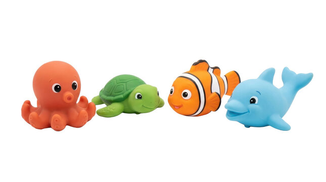 Cute rubber bath toys including an octopus, turtle, clownfish, and dolphin PNG Isolated on transparent background