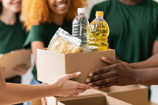 Donation of a food box with pasta oil and water by a volunteer for charity help