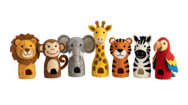 Felt finger puppets of a lion monkey elephant giraffe tiger zebra and parrot in a row PNG Isolated on transparent background