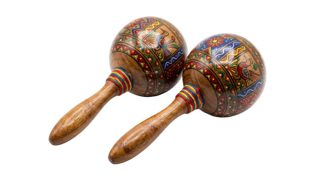 Two Handcrafted Wooden Maracas with Colorful Indigenous Patterns and Bird Motifs PNG Isolated on transparent background