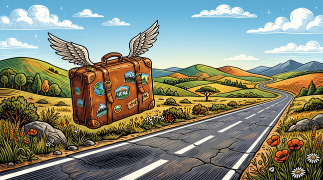 Ilustracion conceptual de maleta vintage con alas y carretera desierta