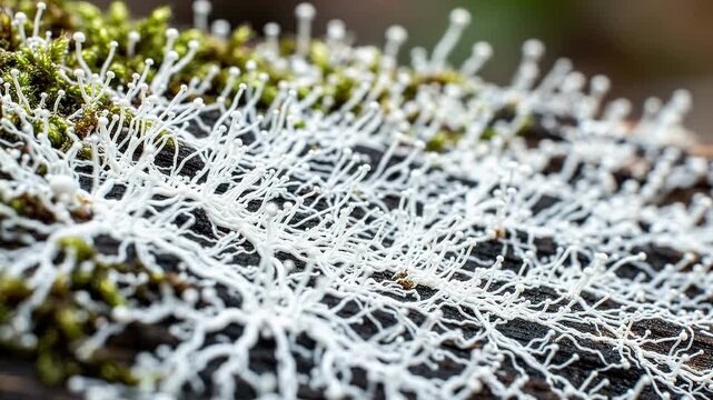 Intricate white filamentous growth on vibrant green moss and decaying wood, resembling a slime mold or fungus, showcasing nature's microscopic beauty