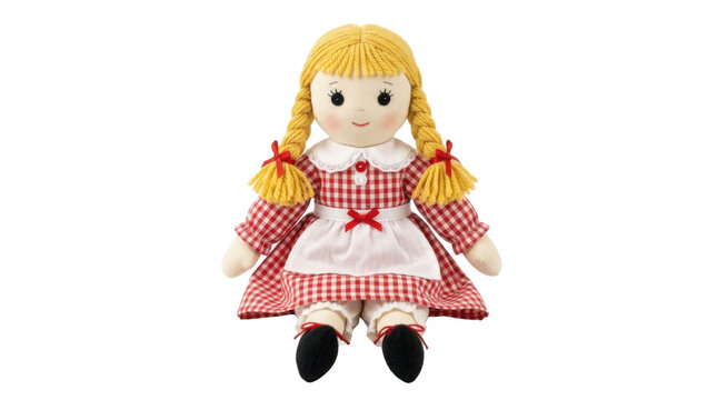 Cute Rag Doll with Blonde Pigtails Wearing a Red Gingham Dress and White Apron PNG Isolated on transparent background