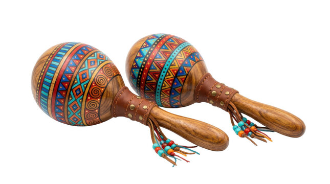 Two colorful wooden maracas with tribal patterns and leather accents PNG Isolated on transparent background