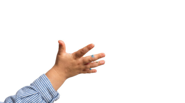 Childs hand with paint smudges on fingers wearing a blue striped shirt reaching out PNG Isolated on transparent background