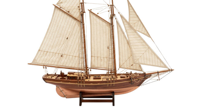 Detailed wooden model of a classic schooner sailboat with full sails PNG Isolated on transparent background
