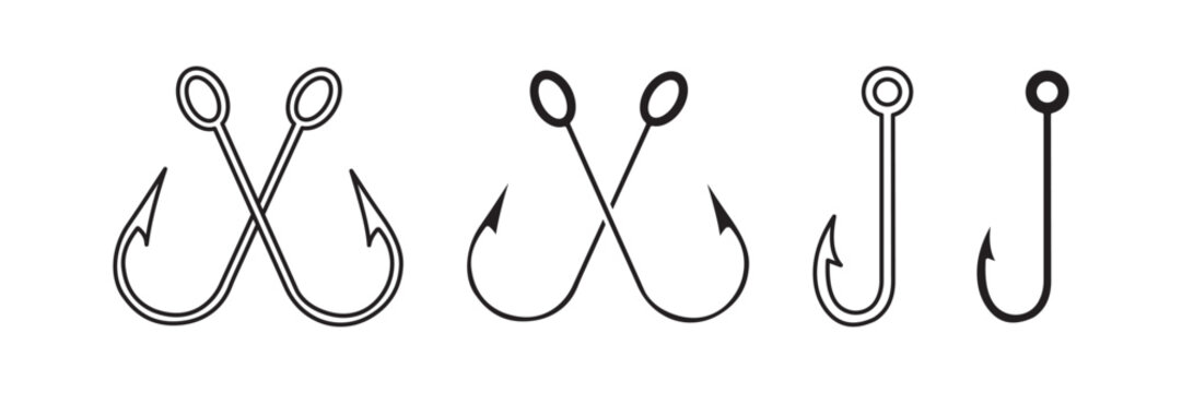 Fishing Hook Icon Collection, Double and Single Fish Hook Symbols in Outline and Solid Black Designs, Angling, Fishing Equipment and Outdoor Recreation Illustration
