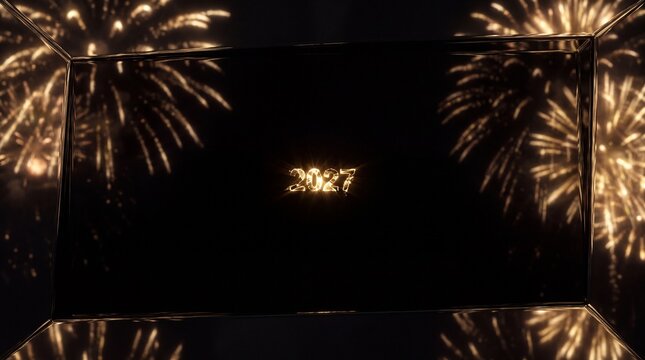 Golden fireworks illuminate the year 2027 within a mirrored frame against a black background.