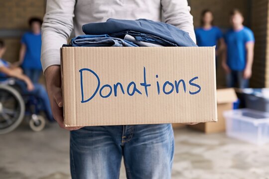 Donation box with clothes held by a volunteer for community charity help nonprofit