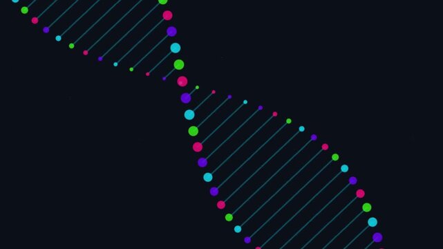 High-definition 1920x1080 15-second seamless abstract visual background featuring bioluminescent rotating 3d dna double helix strand with a vivid cyberpunk color aesthetic. Ideal for VJ loops, video e