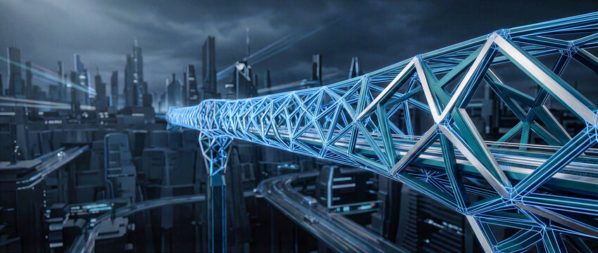 Glowing blue wireframe futuristic truss bridge structure extending over dark metallic cityscape skyline. Smart city transport infrastructure, digital engineering and futuristic urban concept
