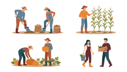 Fototapeta premium Farmers harvesting agricultural crops flat vector illustration set with people gathering pumpkins potatoes corn and fresh vegetables
