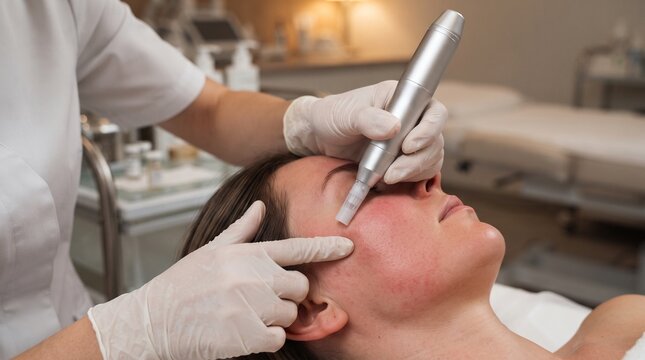 Cosmetologist holding microneedling pen, with reddened cheek skin, applying facial rejuvenation treatment to patient, in professional beauty clinic room, aesthetic medicine photography