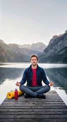 Fototapeta premium Man sitting in lotus pose meditating on wooden pier by alpine lake with rolled yellow yoga mat and red water bottle. Outdoor wellness, mindfulness and exercise concept in mountain landscape