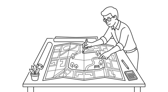 Architect urban planner drawing city development map line art