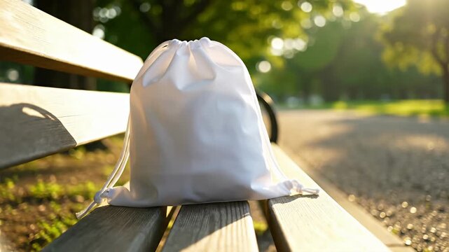White drawstring bag resting on wooden park bench.
