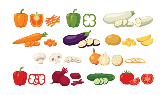 Fresh chopped vegetables vector set featuring sliced carrot bell pepper mushroom onion potato tomato eggplant and zucchini icons