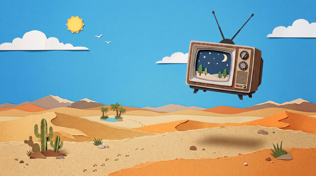 Television vintage flotante bajo cielo azul despejado
