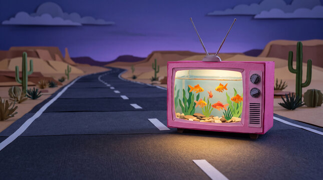 Concepto surrealista de television vintage rosa llena de agua y peces