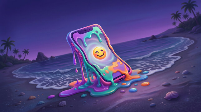 Telefono derritiendose como cera ilustracion con animo alegre y comico