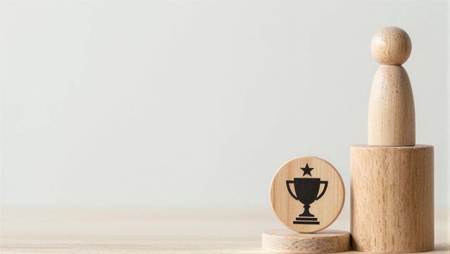 Wooden figure and trophy icon on a minimalist table, symbolizing achievement.