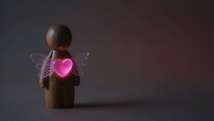 Fototapeta premium Wooden angel with glowing pink heart and delicate wings, standing alone on dark surface.