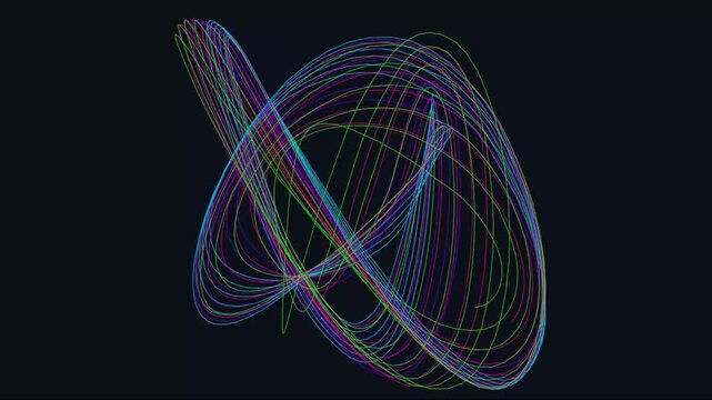 High-definition 1920x1080 15-second seamless abstract visual background featuring mystic harmonograph spirograph mathematical curves with a vivid cyberpunk color aesthetic. Ideal for VJ loops, video e