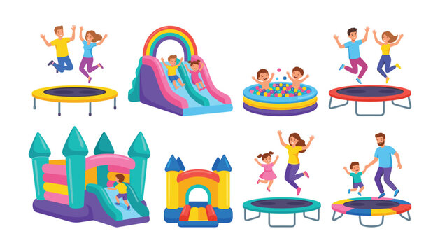 Happy kids and families playing on inflatable bouncy castles trampolines and slides flat cartoon vector illustration set