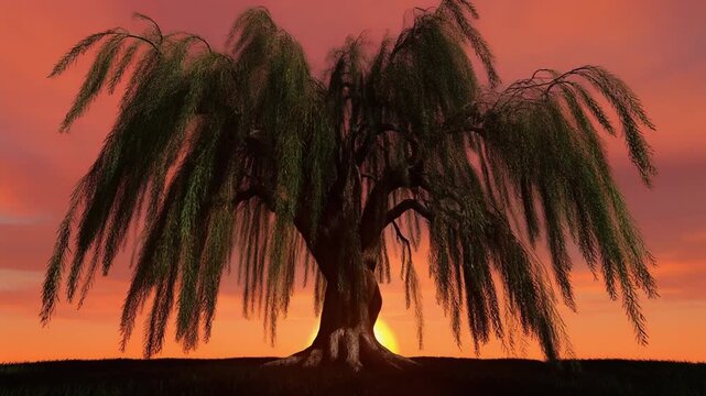 Willow branches sway against a golden sunset silhouette