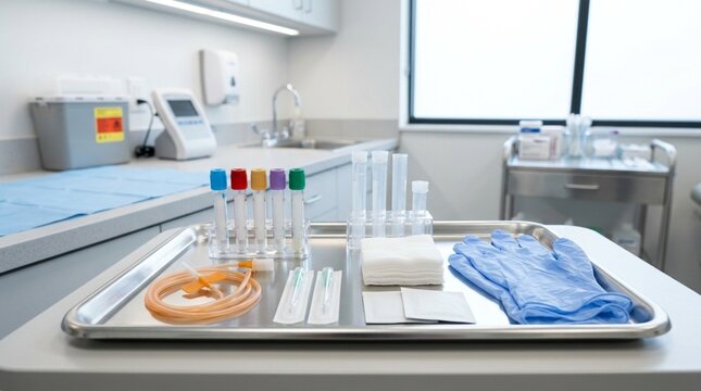 Medical Exam Room Tray with Blood Collection Supplies and Gloves