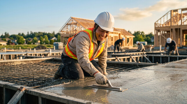 Smiling Japanese plasterer finishing wet concrete foundation with trowel