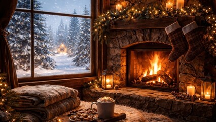 Fototapeta premium Cozy winter cabin fireplace scene.