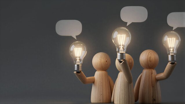 Wooden figures hold glowing light bulbs with speech bubbles, symbolizing ideas and communication.