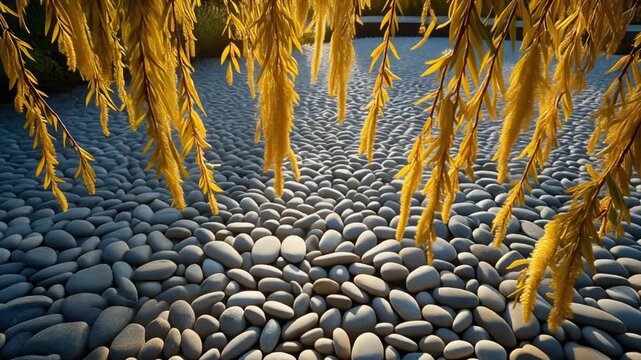 Golden willow branches sway over a pebble stone path