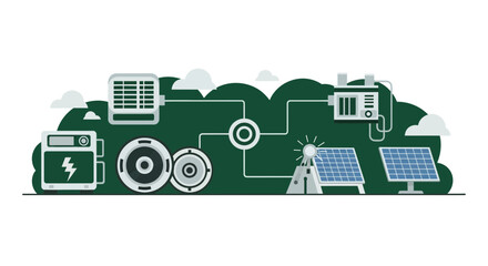 Fototapeta premium Renewable energy ecosystem illustration featuring solar panels, battery storage, and smart grid technology.