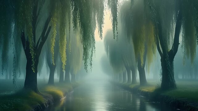 Willow branches sway over misty river in serene forest